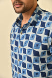 Classic collar half sleeves shirt in natural Bagru print with wooden buttons.