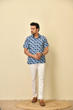 Classic collar half sleeves shirt in natural Bagru print with wooden buttons.