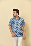 Classic collar half sleeves shirt in natural Bagru print with wooden buttons.