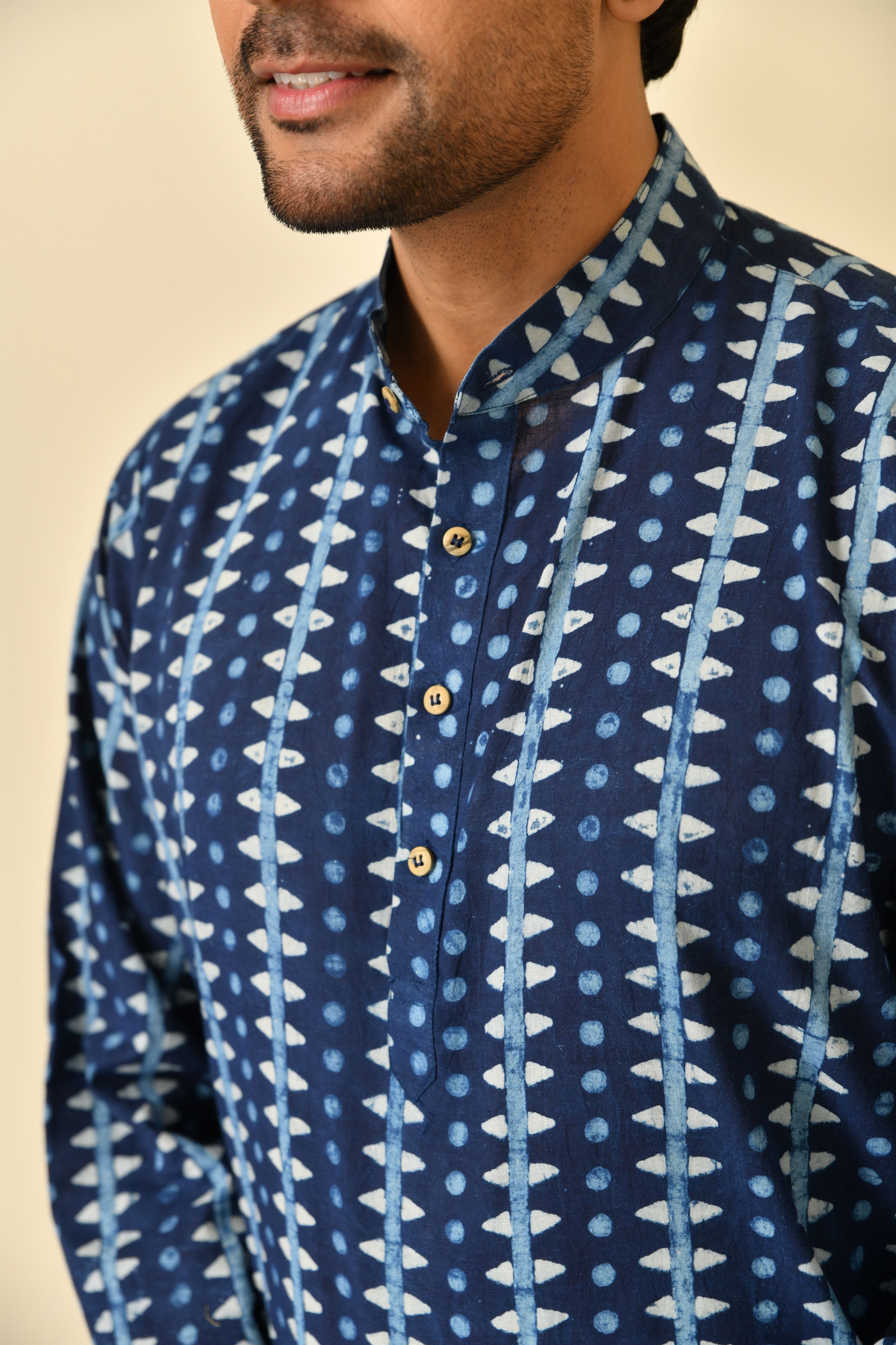 Mandarine collar long kurta in natural Bagru print with wooden buttons.