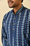 Mandarine collar long kurta in natural Bagru print with wooden buttons.