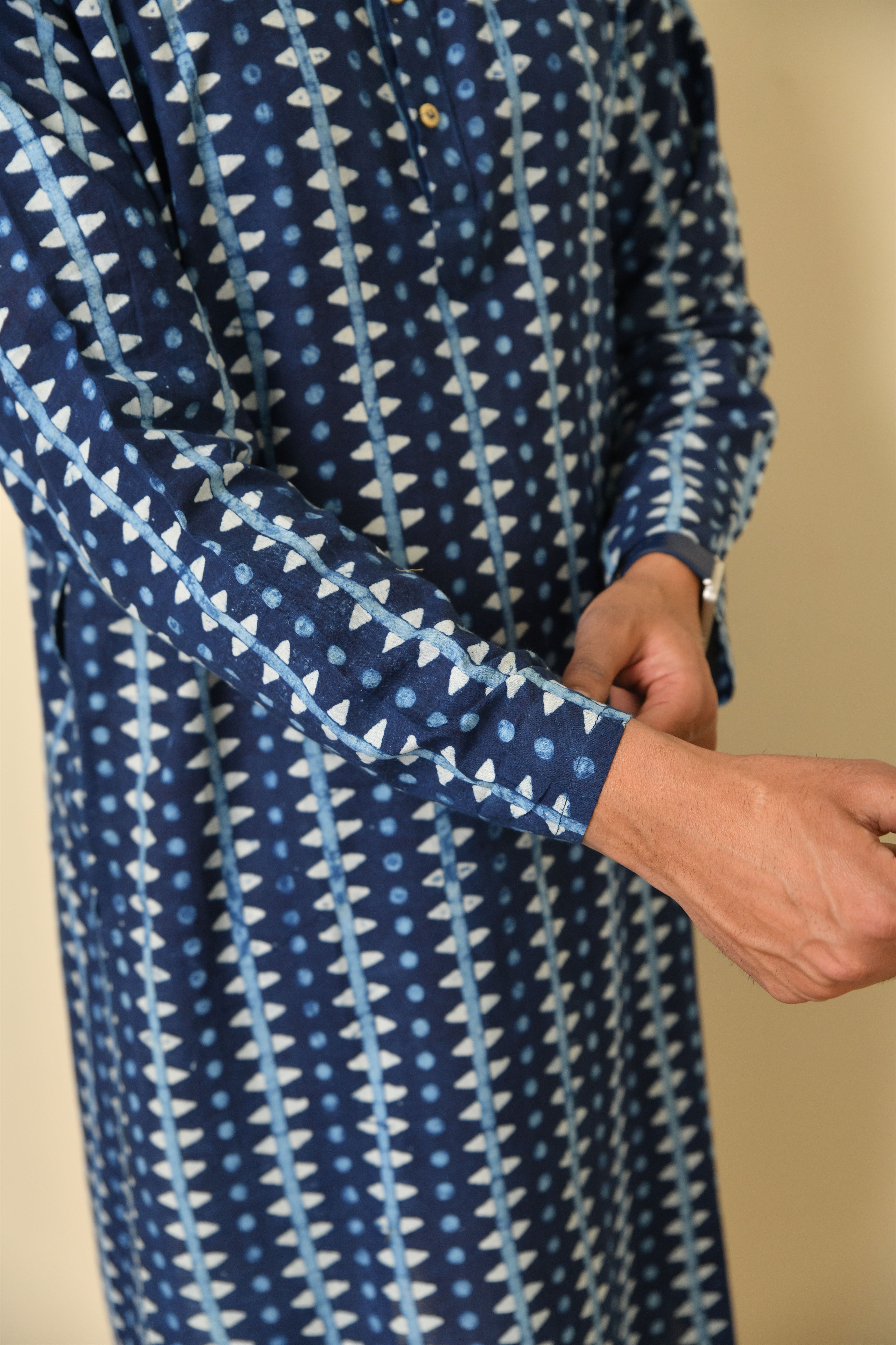 Mandarine collar long kurta in natural Bagru print with wooden buttons.