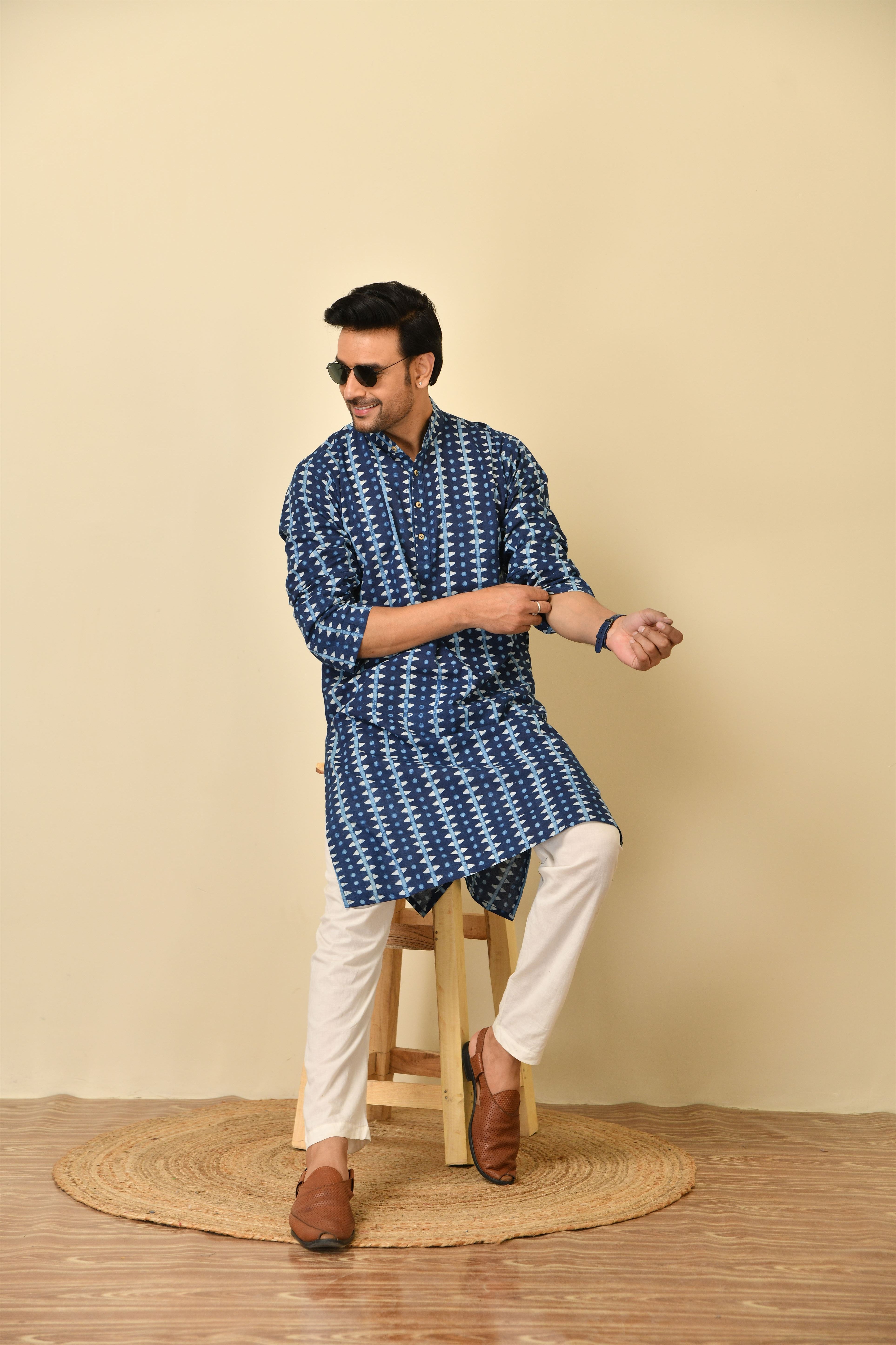 Mandarine collar long kurta in natural Bagru print with wooden buttons.