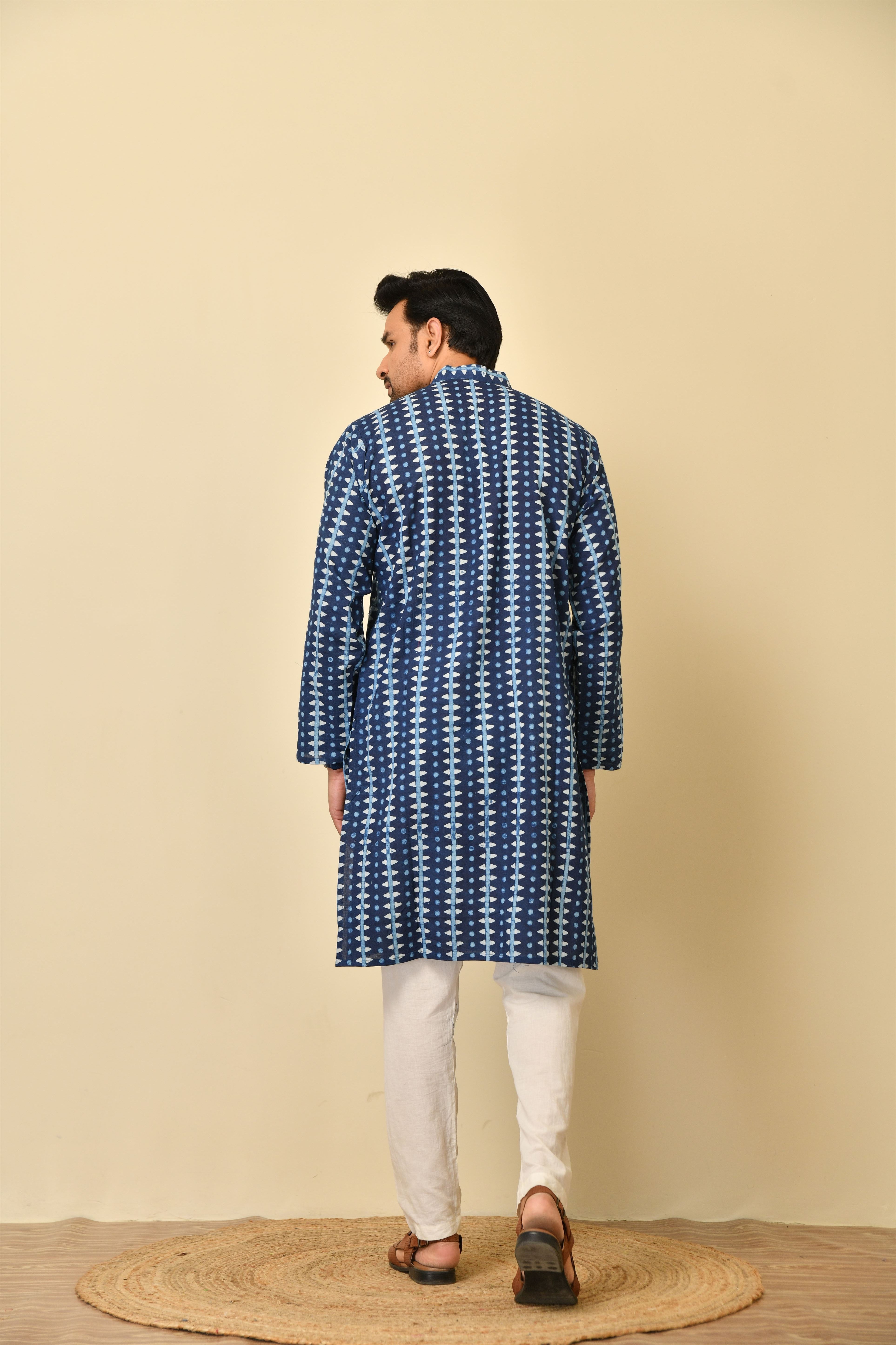 Mandarine collar long kurta in natural Bagru print with wooden buttons.