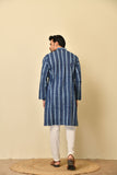 Mandarine collar long kurta in natural Bagru print with wooden buttons.