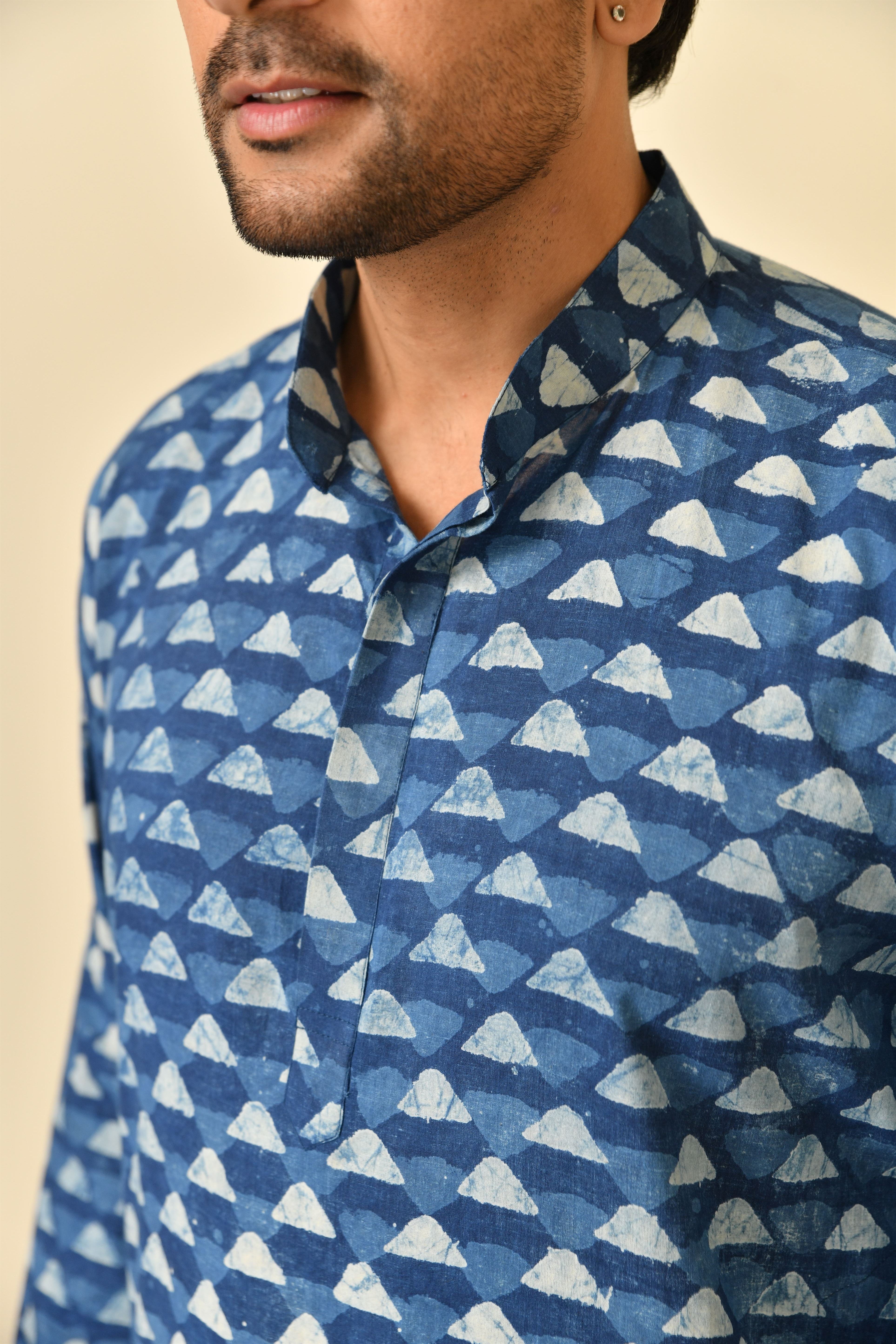 Mandarine collar long kurta in natural Bagru print with wooden buttons.