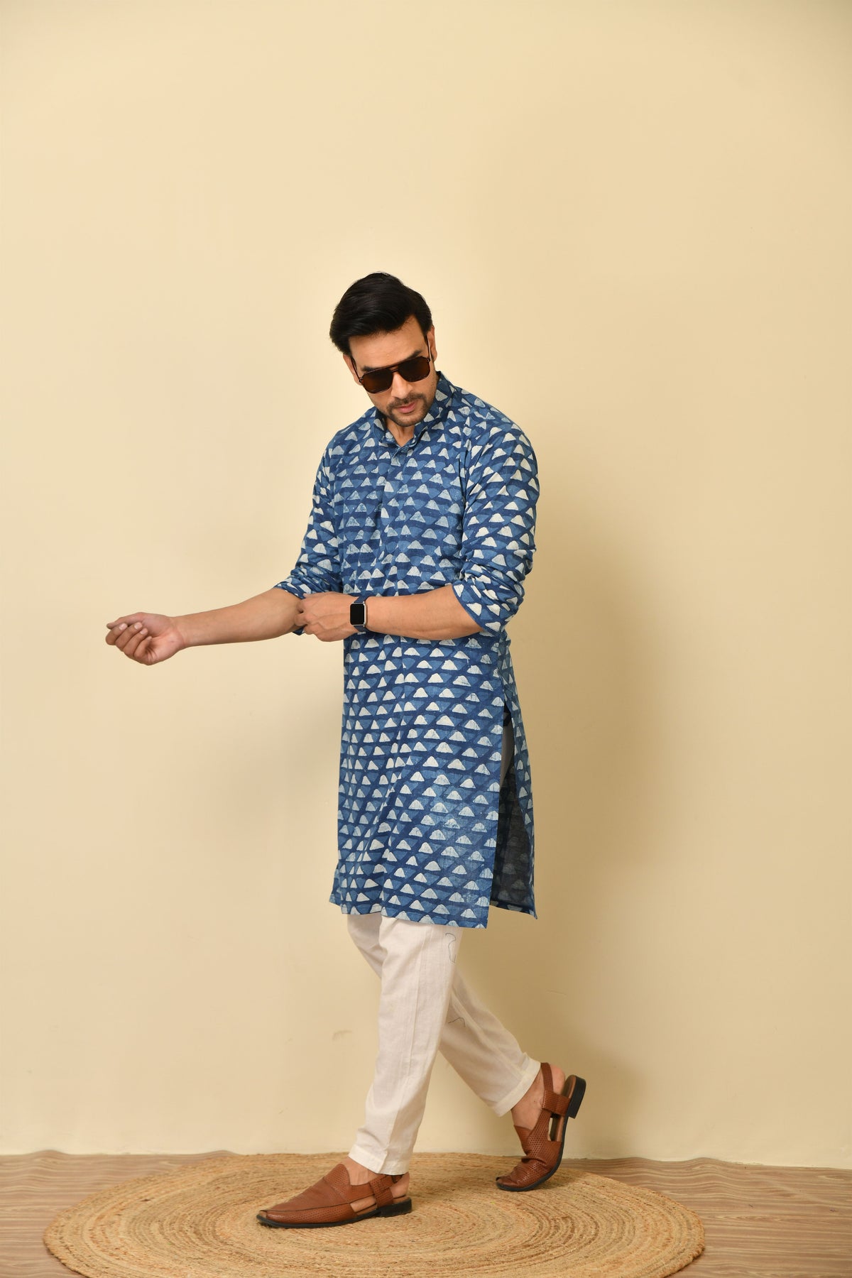 Mandarine collar long kurta in natural Bagru print with wooden buttons.