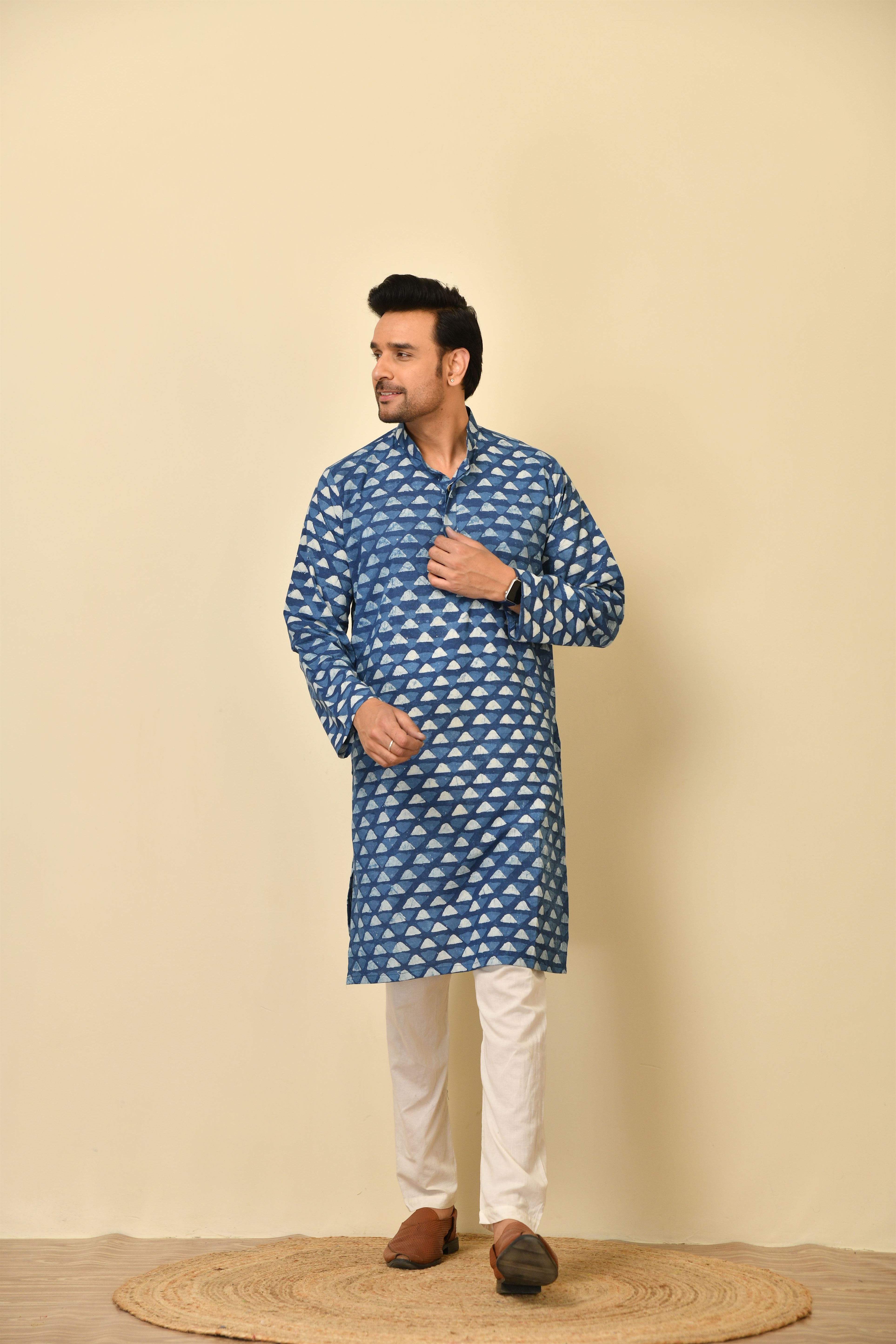 Mandarine collar long kurta in natural Bagru print with wooden buttons.