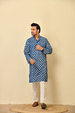 Mandarine collar long kurta in natural Bagru print with wooden buttons.