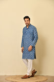 Mandarine collar long kurta in natural Bagru print with wooden buttons.