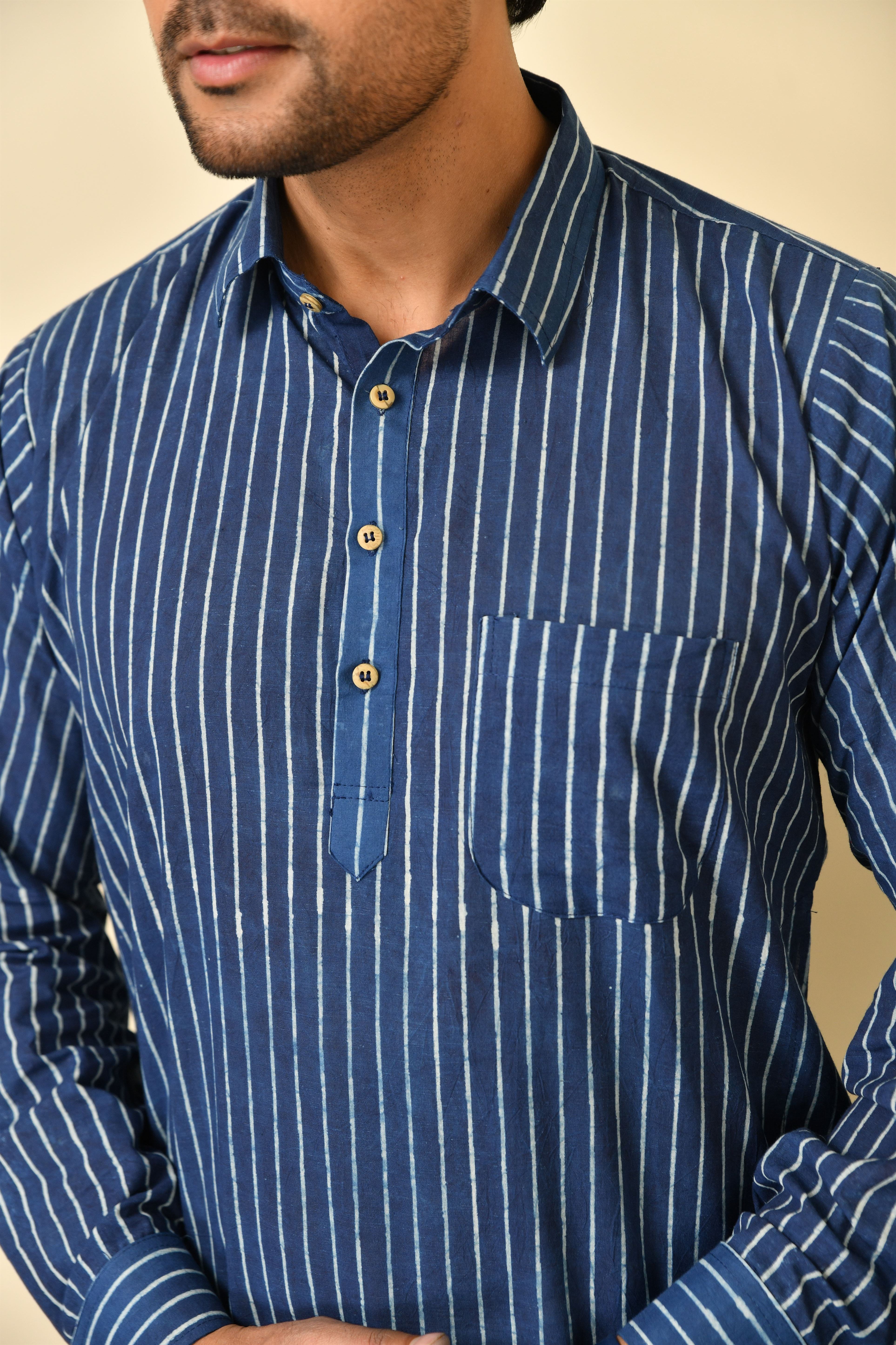Classic collar long kurta in natural Bagru print with wooden buttons.