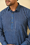 Classic collar long kurta in natural Bagru print with wooden buttons.