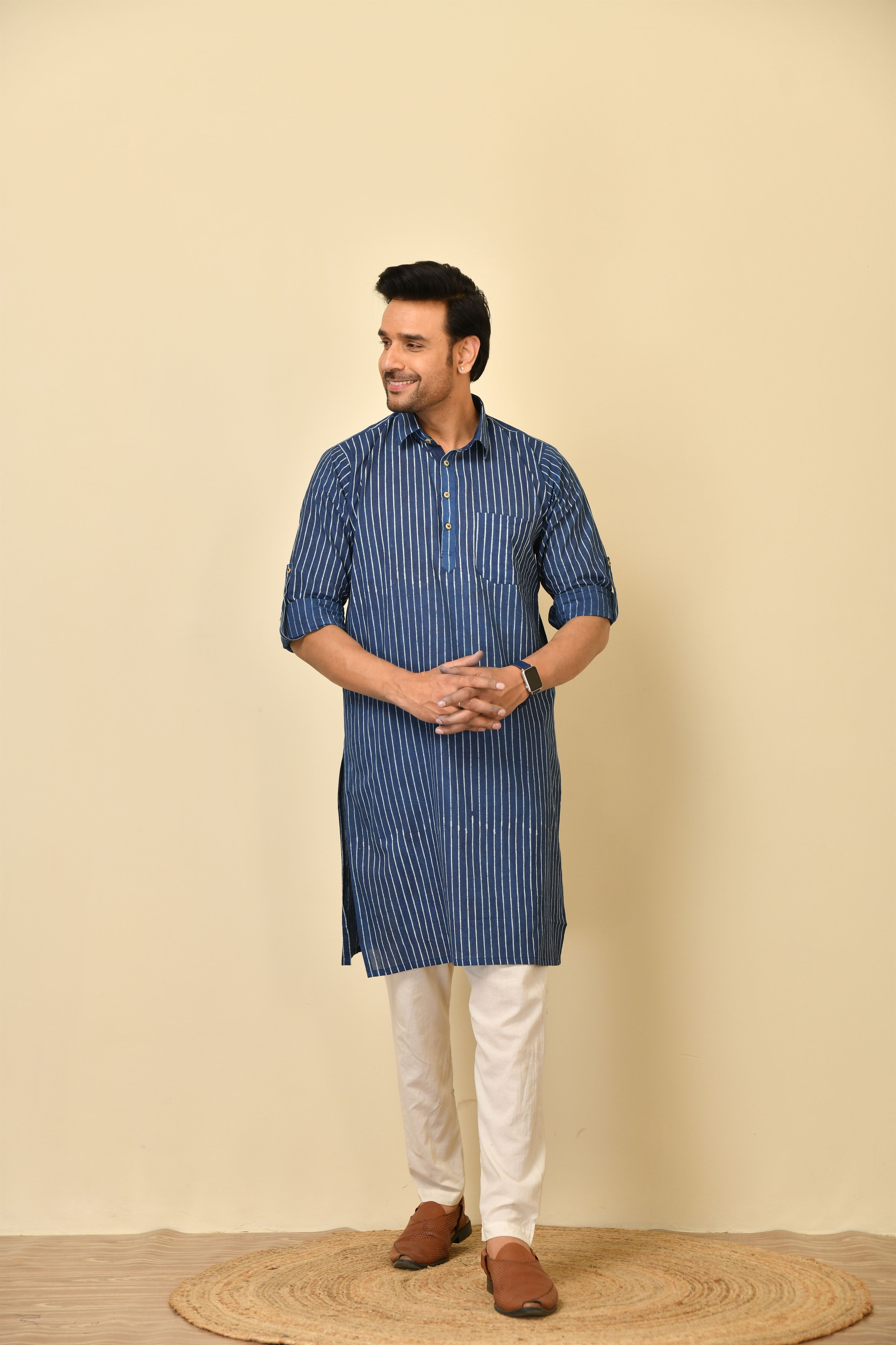 Classic collar long kurta in natural Bagru print with wooden buttons.