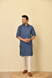 Classic collar long kurta in natural Bagru print with wooden buttons.
