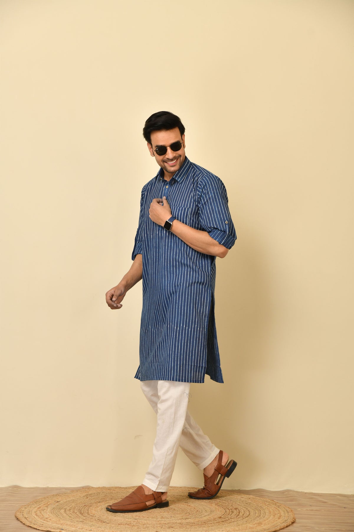 Classic collar long kurta in natural Bagru print with wooden buttons.