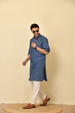 Classic collar long kurta in natural Bagru print with wooden buttons.