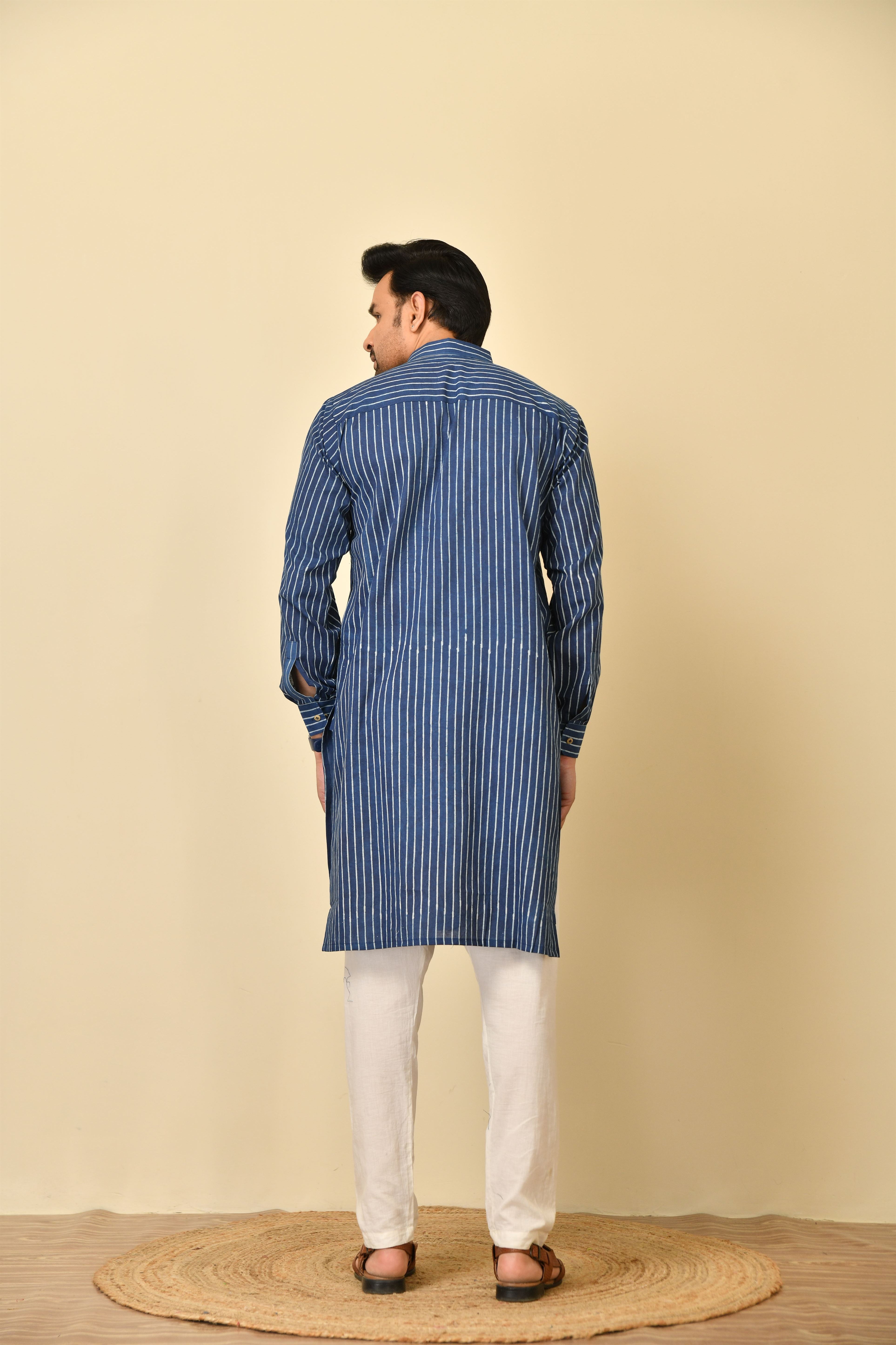Classic collar long kurta in natural Bagru print with wooden buttons.