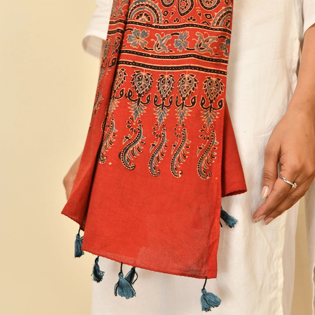 Coral Red Ajrakh Paisley Block Print Cotton Dupatta