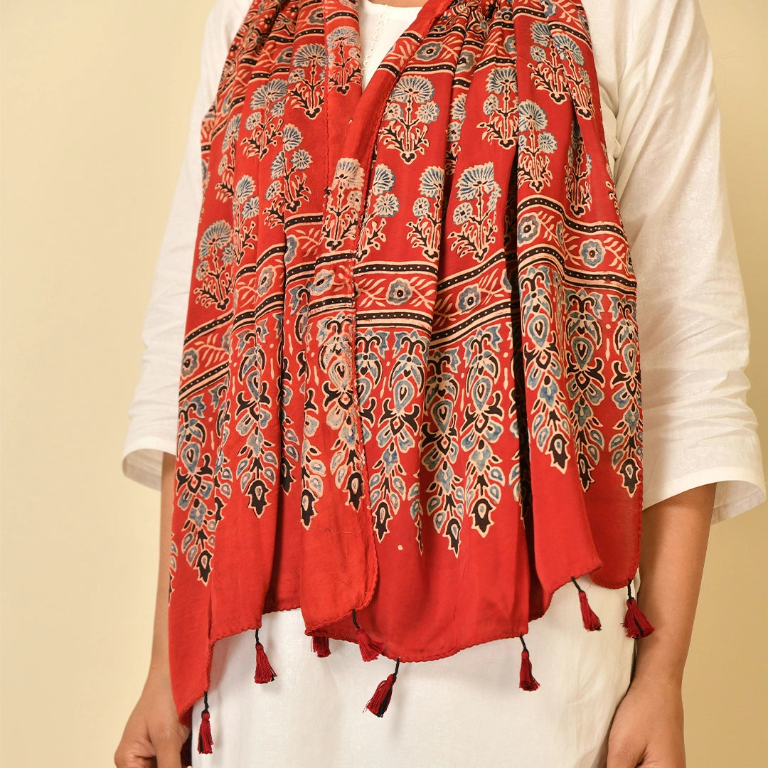Coral Red Ajrakh Paisley Border Stole