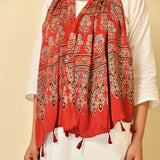 Coral Red Ajrakh Paisley Border Stole