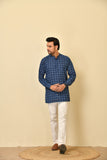 Mandarine collar short kurta in natural Bagru print with wooden buttons.