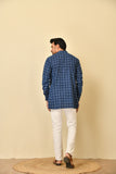 Mandarine collar short kurta in natural Bagru print with wooden buttons.