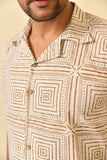 Notch collar half sleeves shirt in natural Bagru print with wooden buttons.