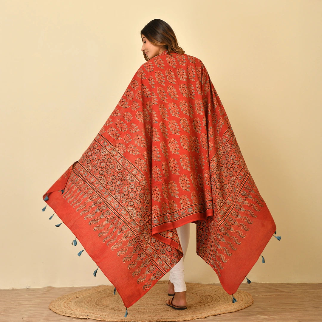 Coral Red Ajrakh Paisley Block Print Cotton Dupatta