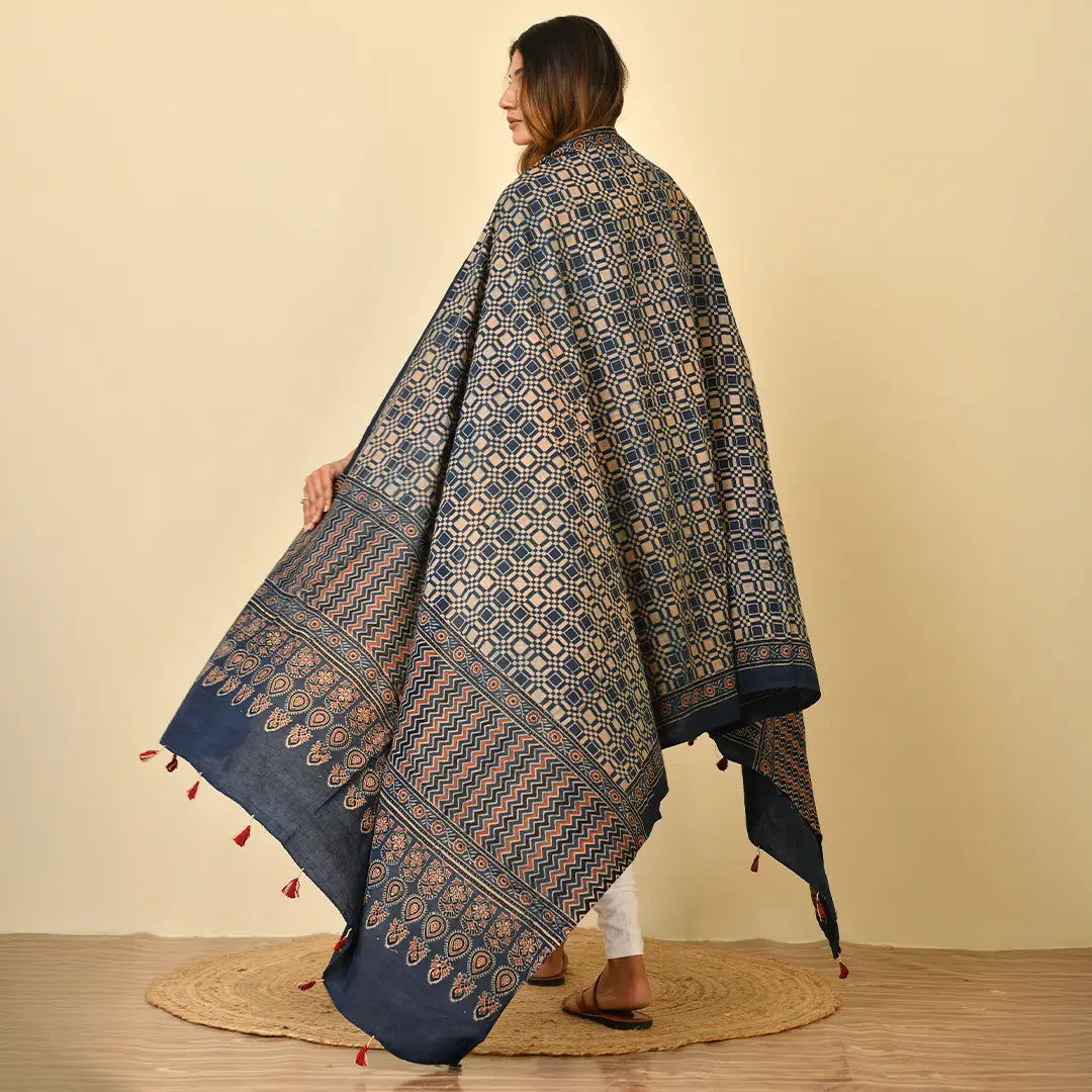 Indigo Ajrakh Cotton Dupatta