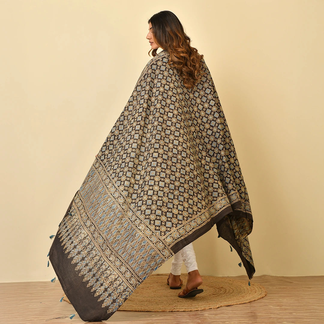 Traditional Ajrakh Block Print Dupatta with Tassels