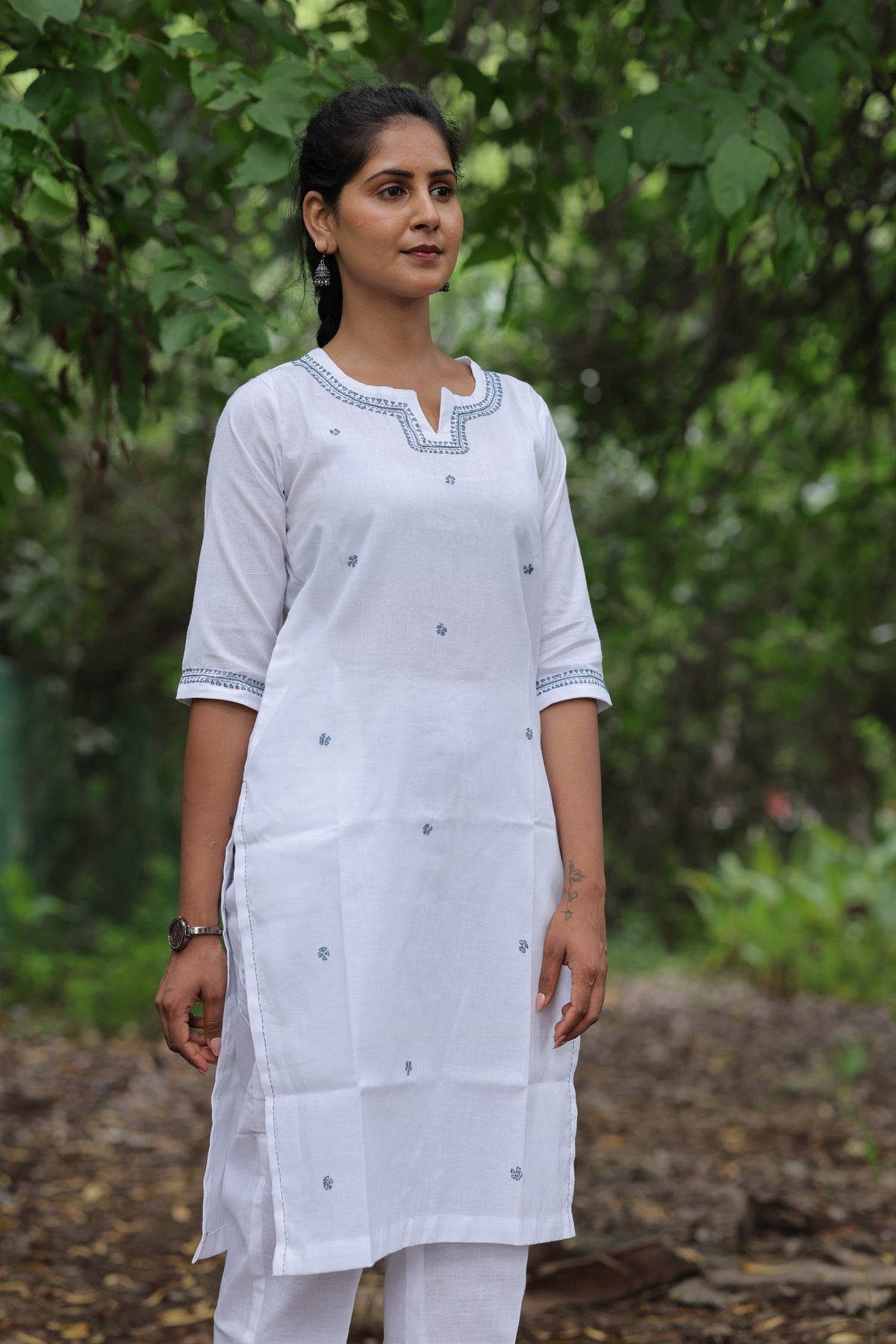 White Cotton Linen Blend Embroidered Kurta Set with Pants
