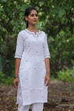 White Cotton Linen Blend Embroidered Kurta Set with Pants