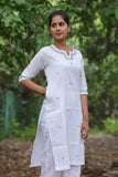 White Cotton Linen Blend Embroidered Kurta Set with Pants