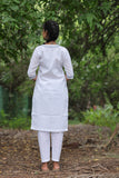 White Cotton Linen Blend Embroidered Kurta Set with Pants