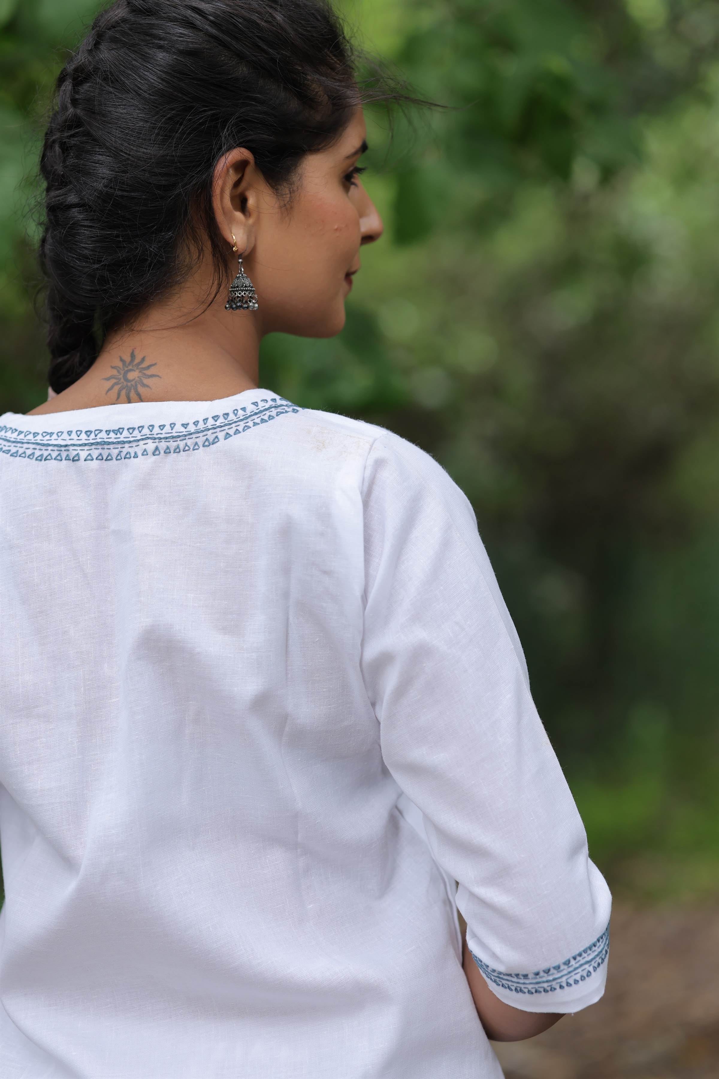 White Cotton Linen Blend Embroidered Kurta Set with Pants