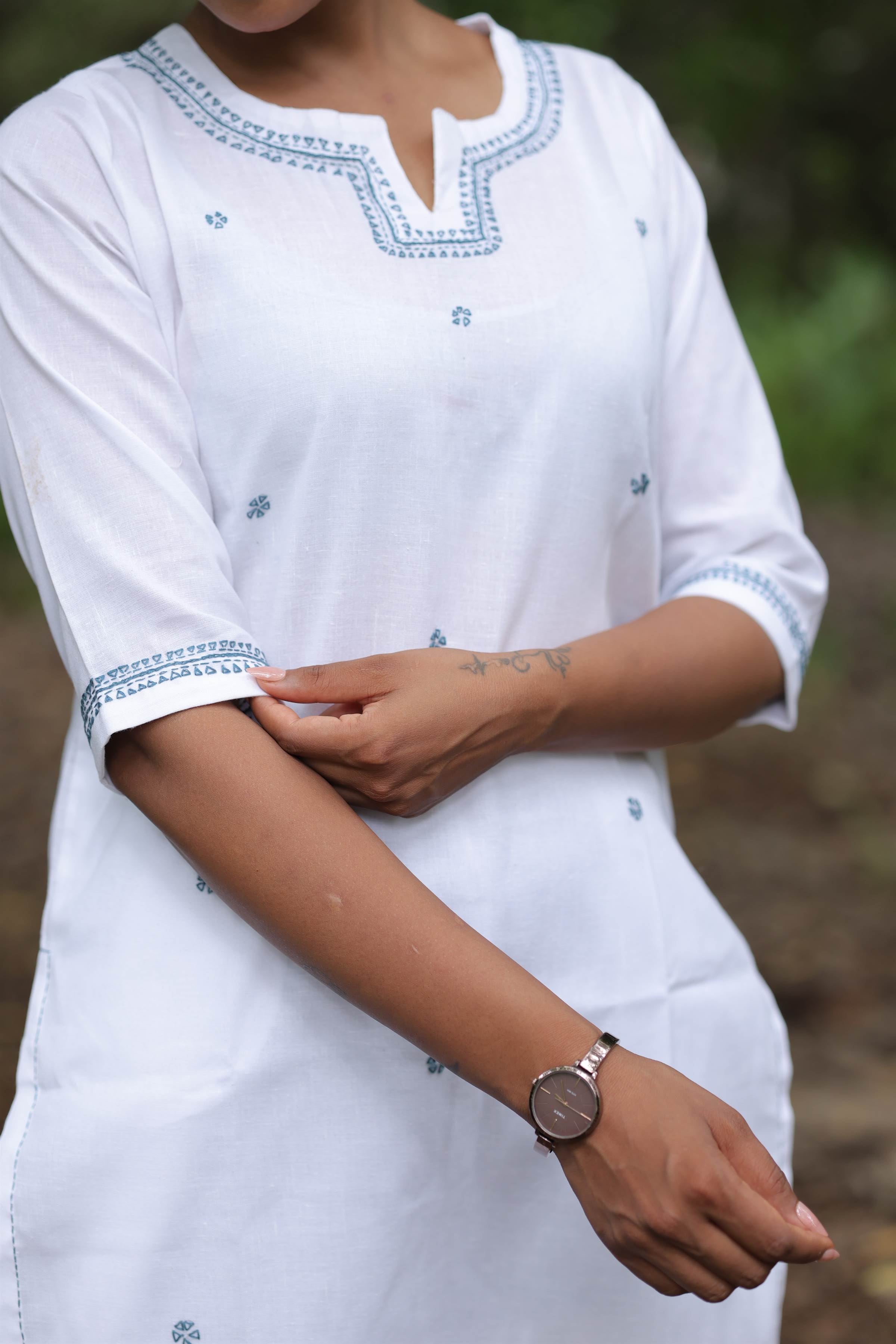 White Cotton Linen Blend Embroidered Kurta Set with Pants