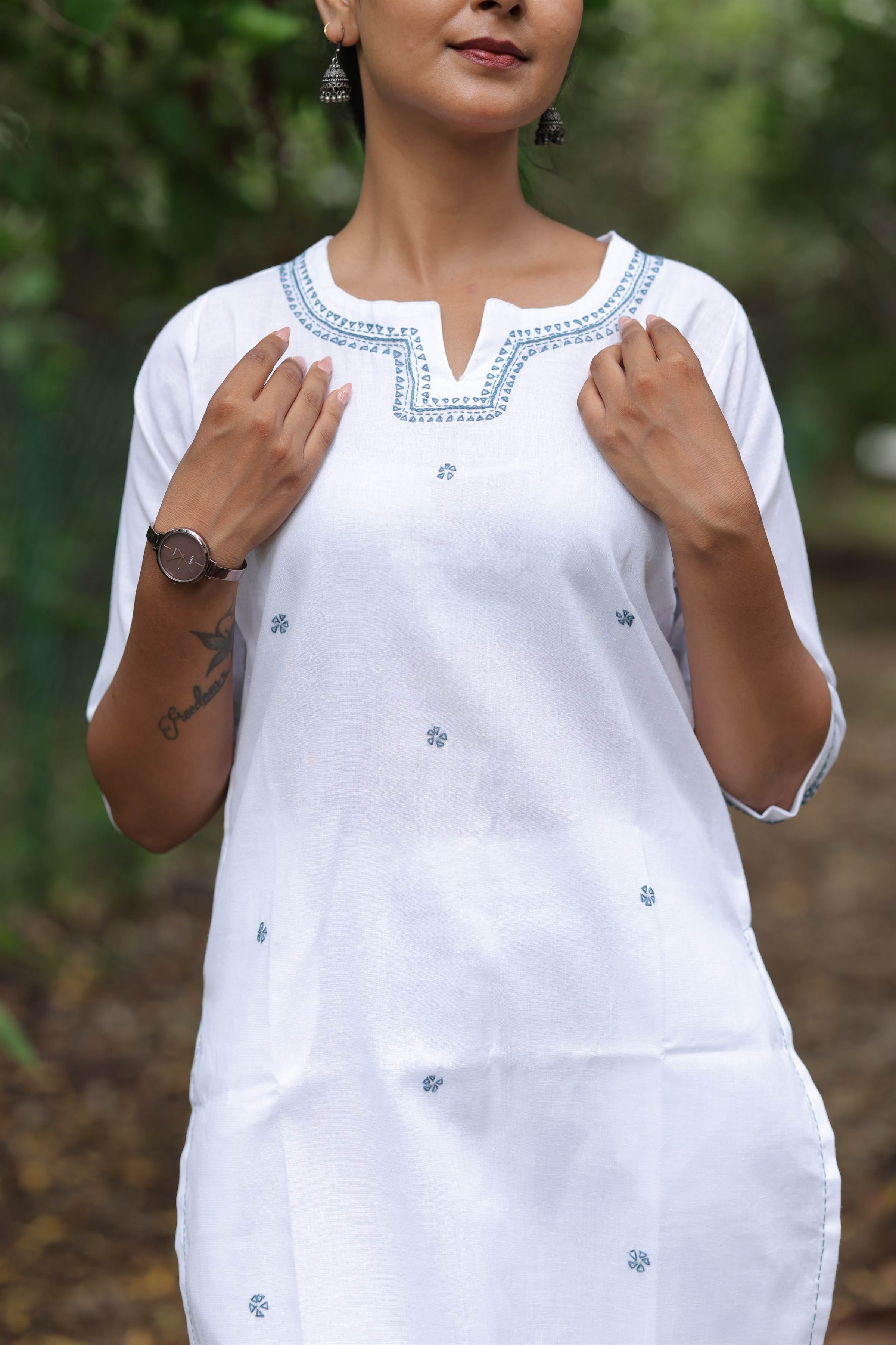 White Cotton Linen Blend Embroidered Kurta Set with Pants