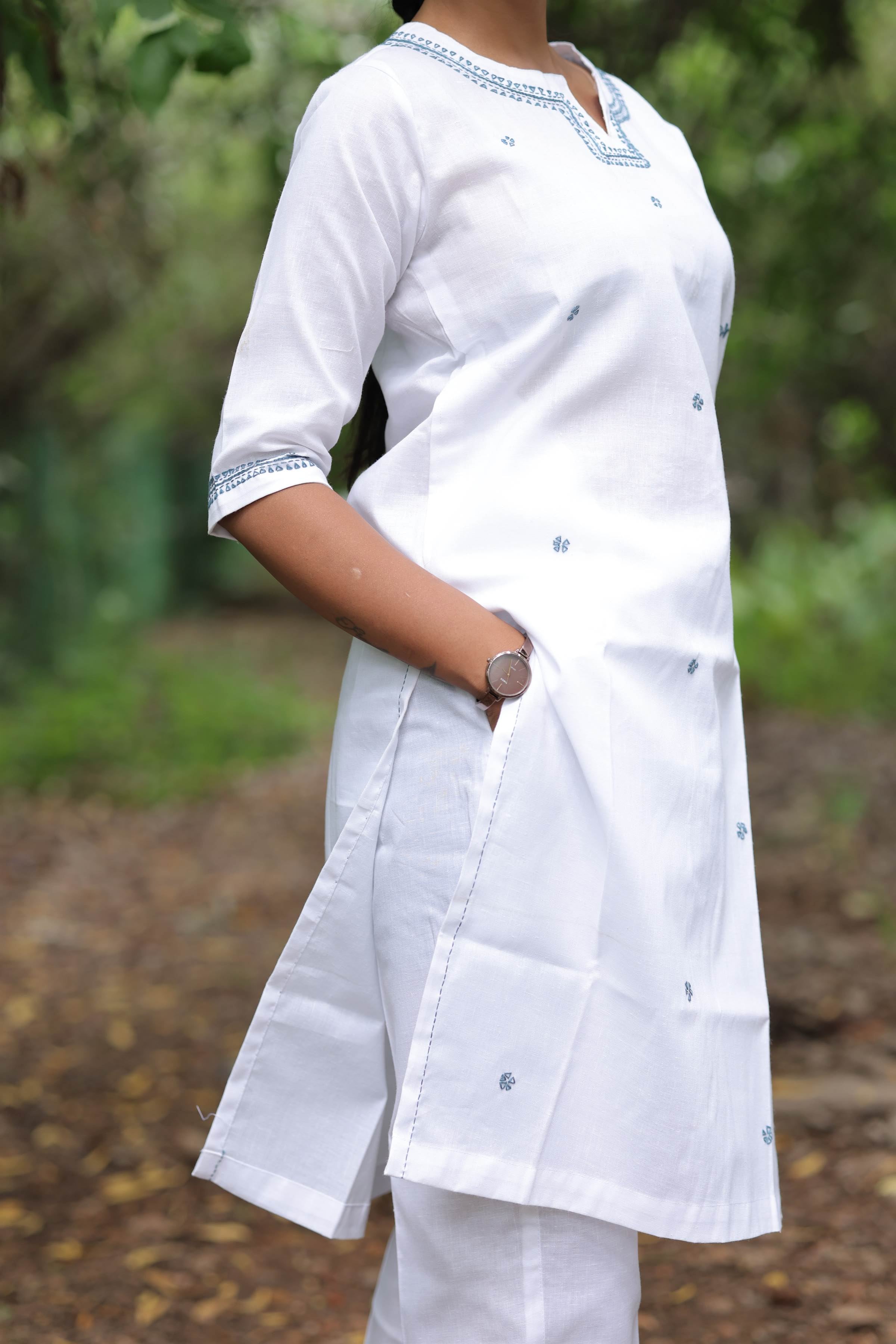 White Cotton Linen Blend Embroidered Kurta Set with Pants