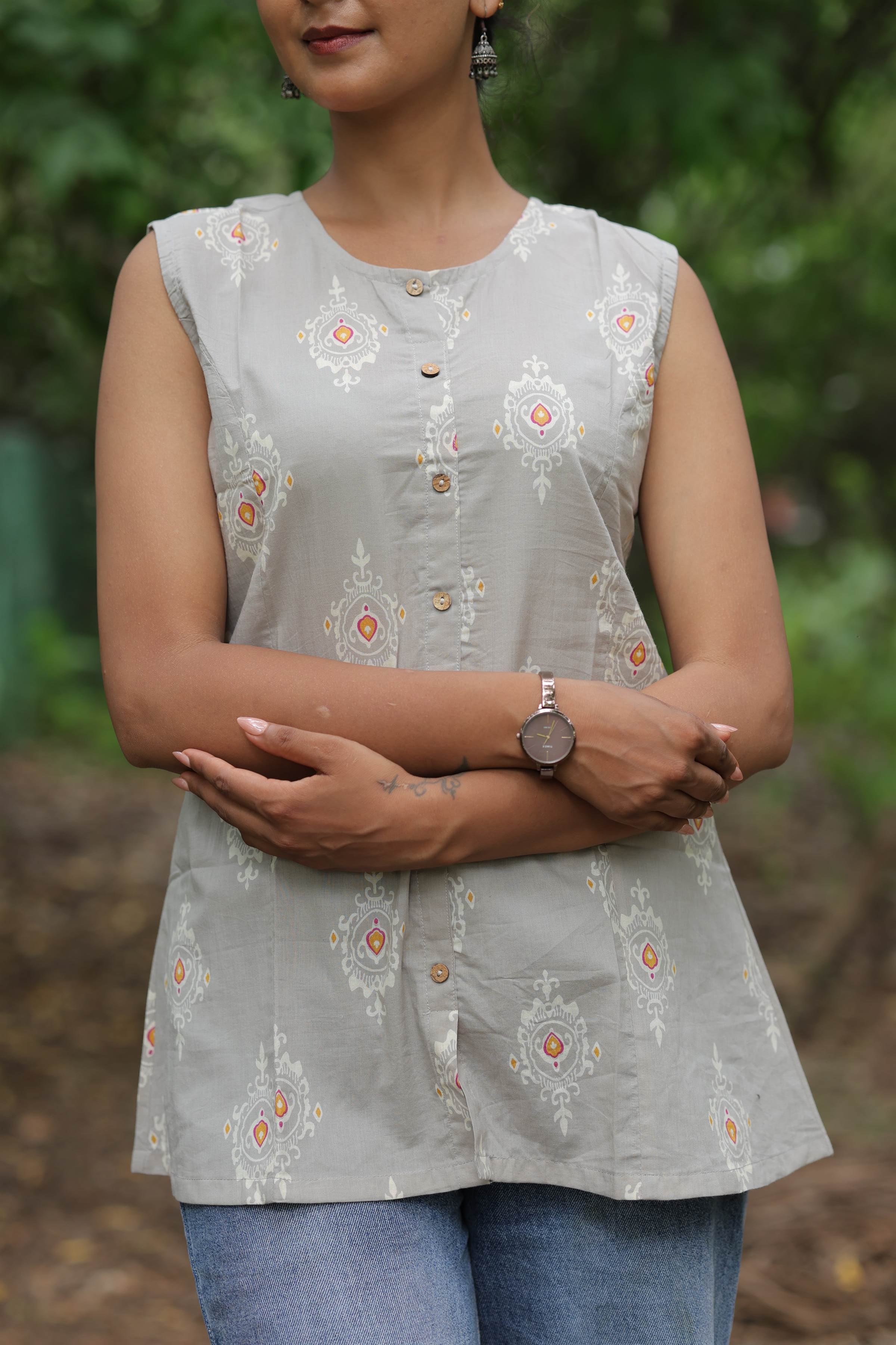 Printed Cotton Sleeveless Kurti – Grey