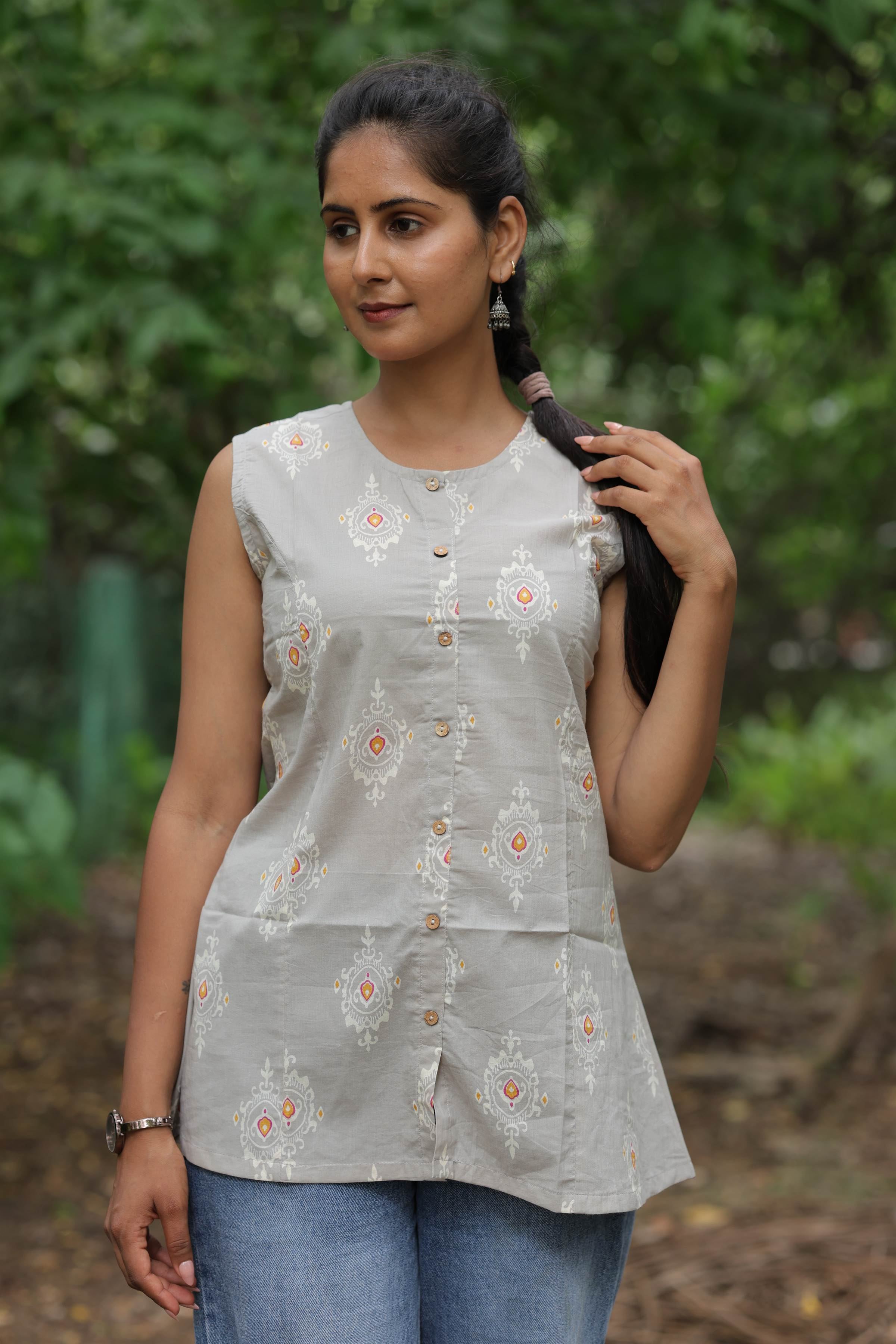 Printed Cotton Sleeveless Kurti – Grey