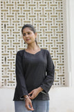 Women’s Black Cotton Slub V-Neck Full-Sleeve Top