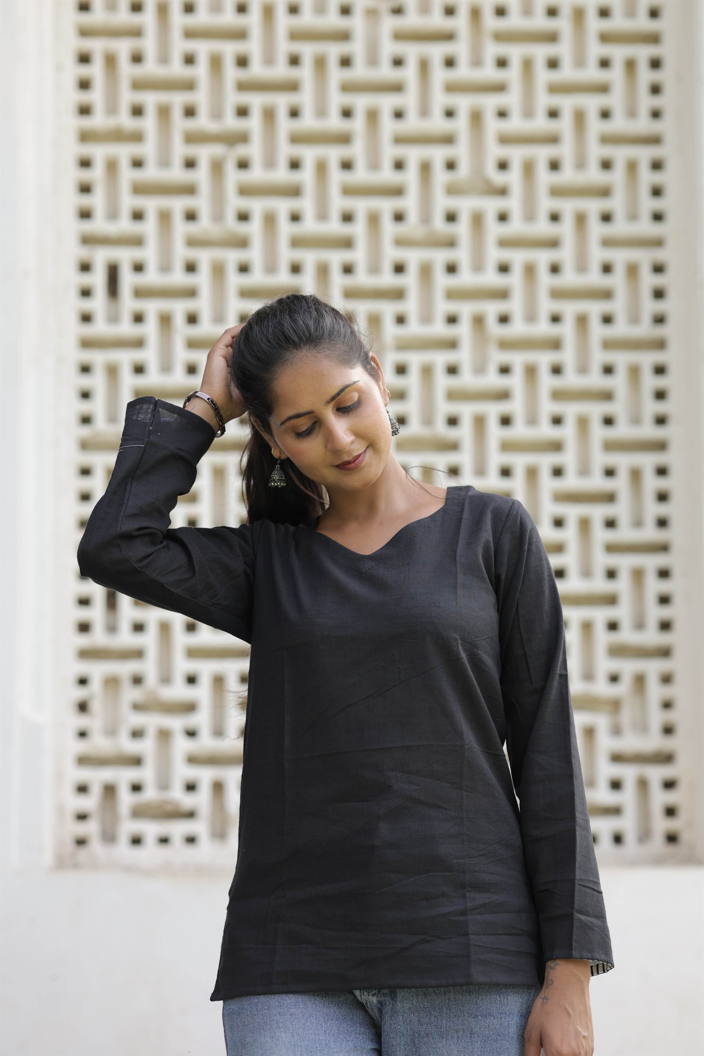 Women’s Black Cotton Slub V-Neck Full-Sleeve Top