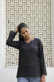 Women’s Black Cotton Slub V-Neck Full-Sleeve Top