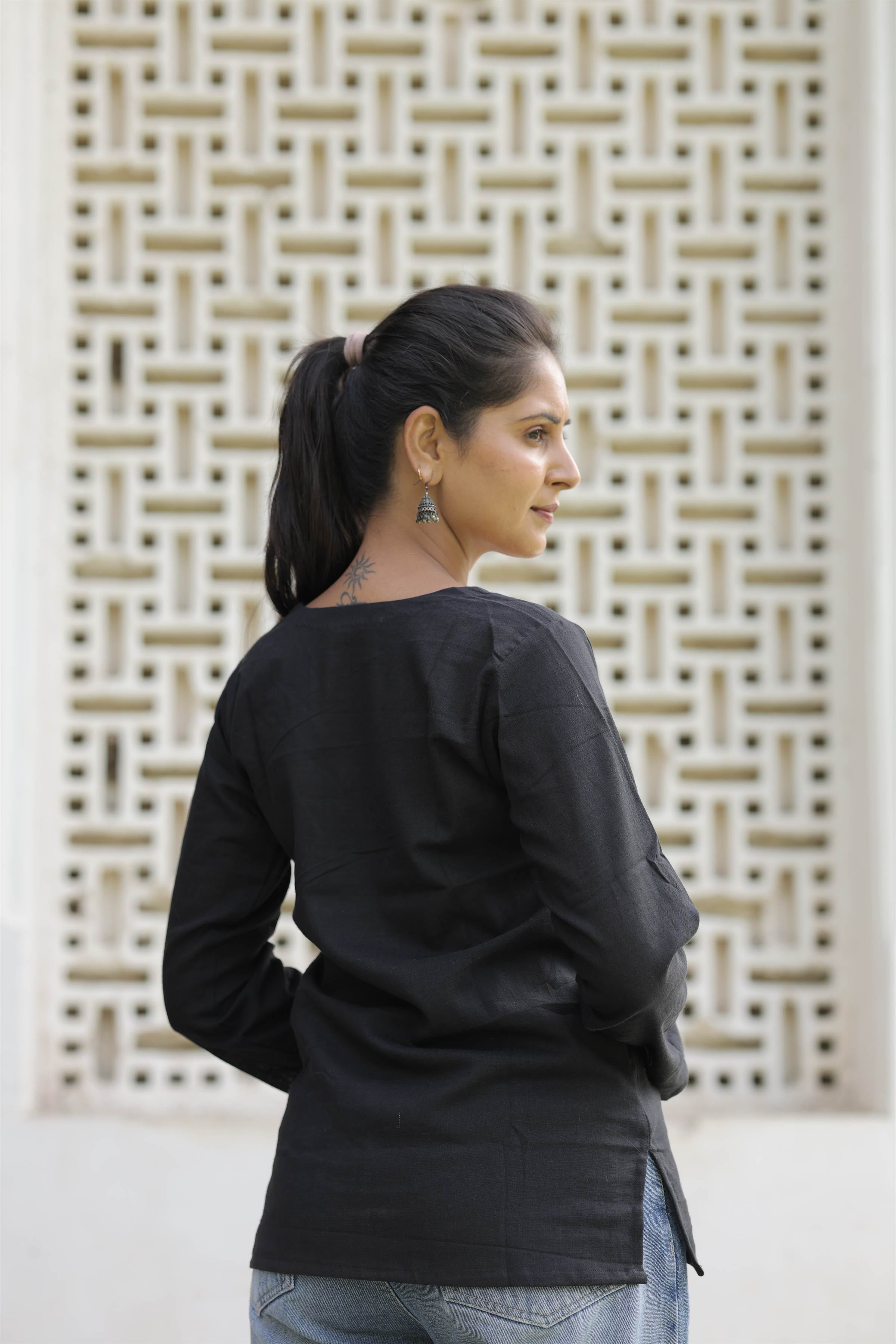 Women’s Black Cotton Slub V-Neck Full-Sleeve Top