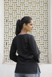 Women’s Black Cotton Slub V-Neck Full-Sleeve Top