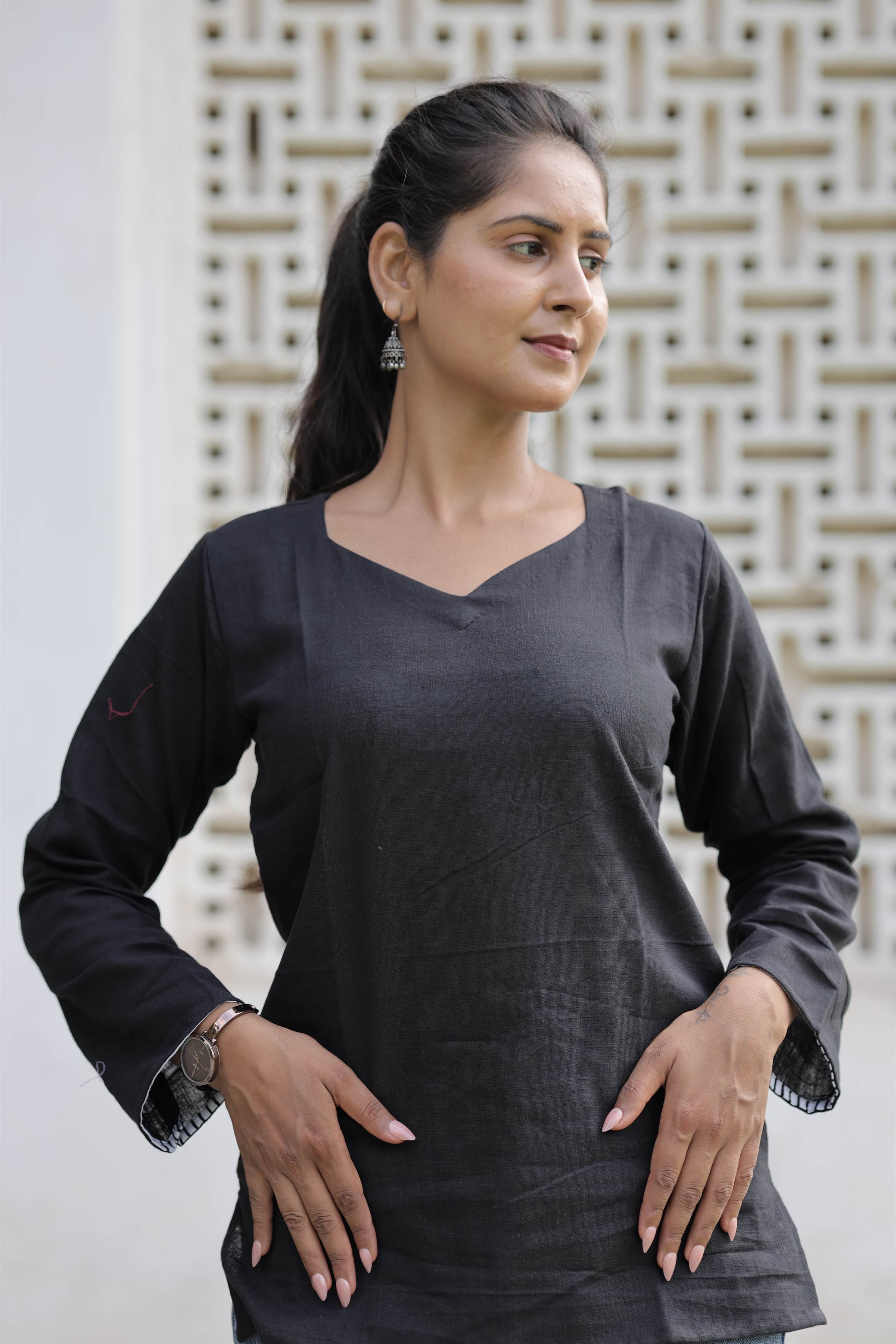 Women’s Black Cotton Slub V-Neck Full-Sleeve Top