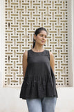 Women’s Black Cotton Slub Sleeveless Flared Top