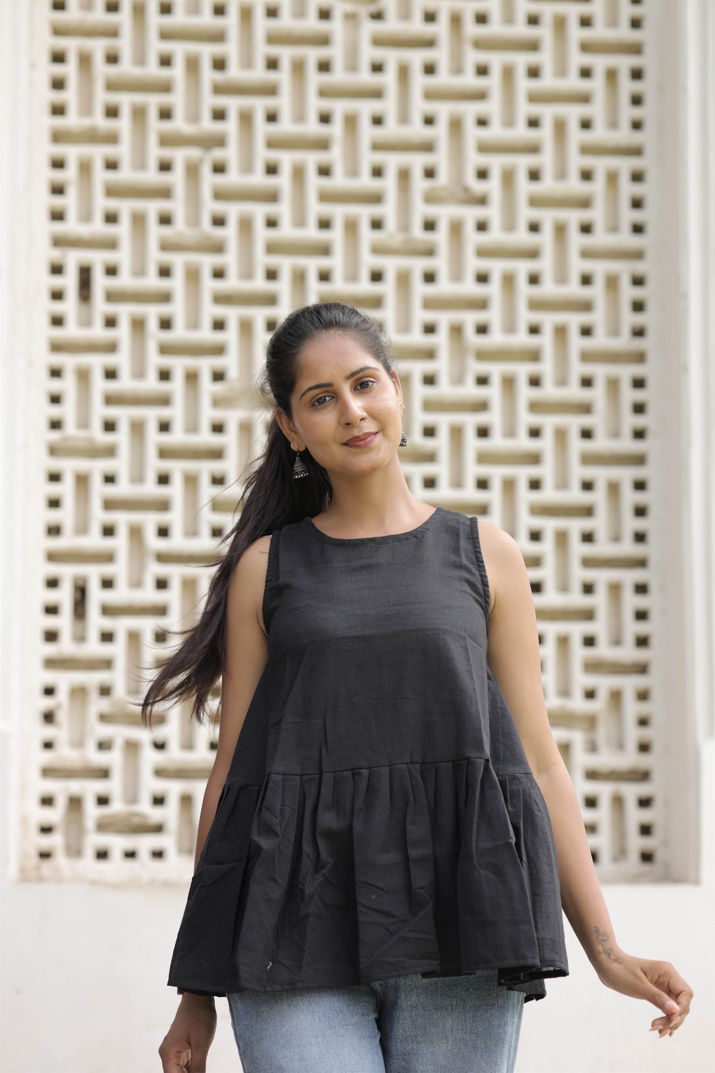 Women’s Black Cotton Slub Sleeveless Flared Top