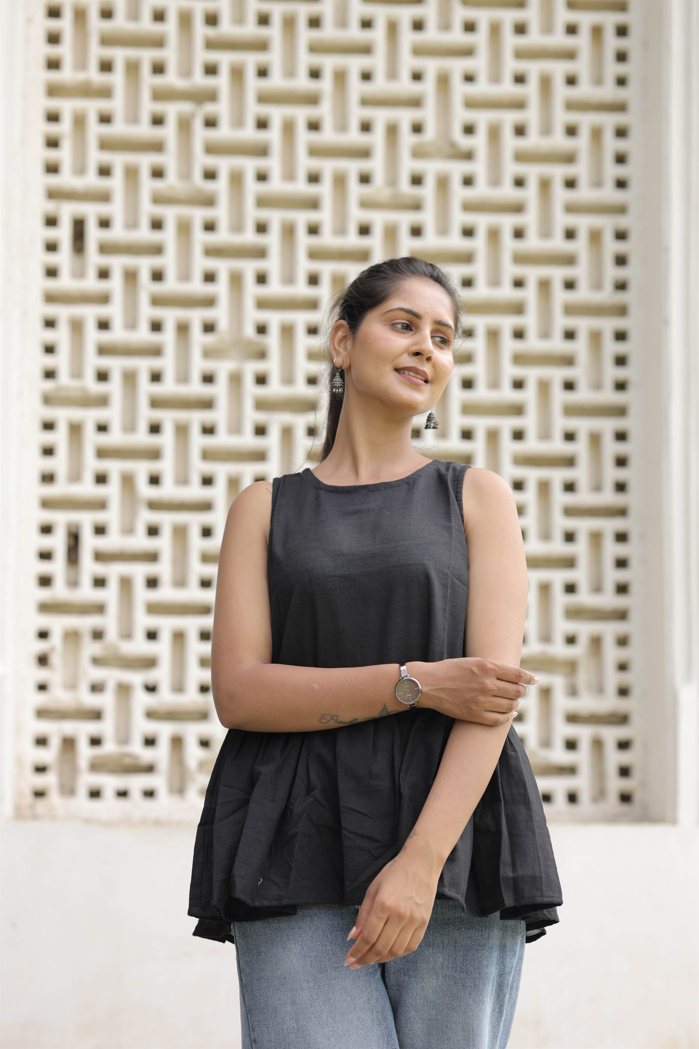 Women’s Black Cotton Slub Sleeveless Flared Top