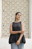 Women’s Black Cotton Slub Sleeveless Flared Top